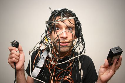 Young guy tangled in cables